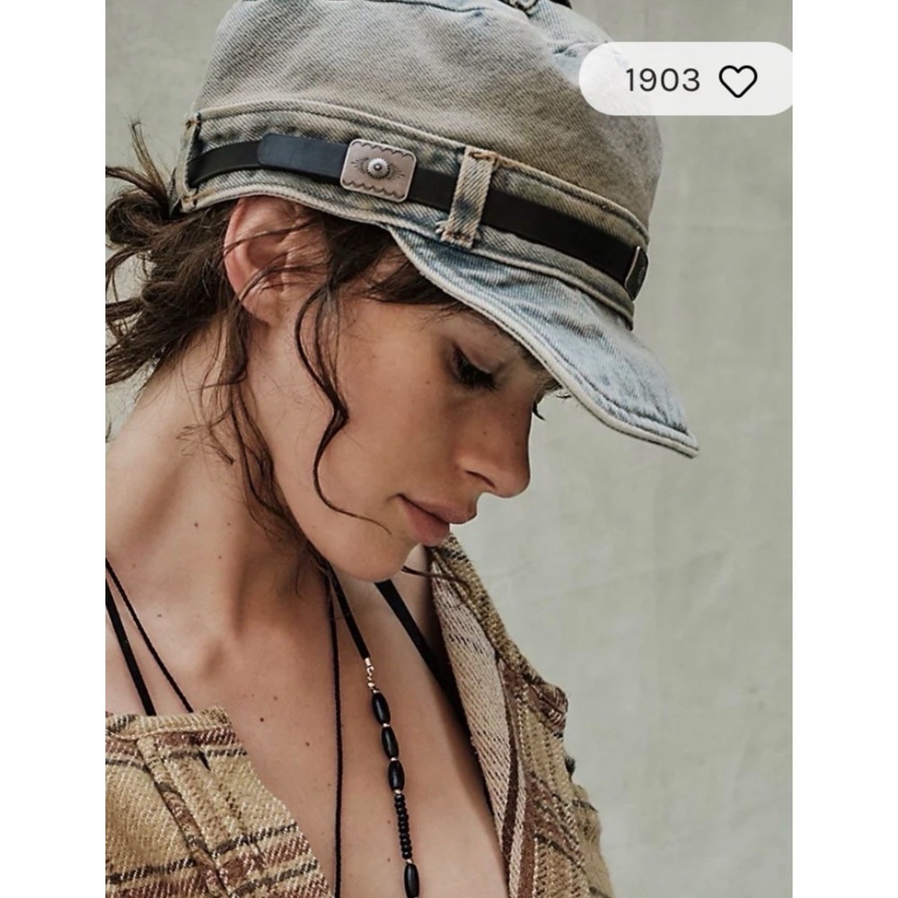 Free People Cadet Hat Womens Washed Denim Boho Western Leather Band Y2K 90s NWT
